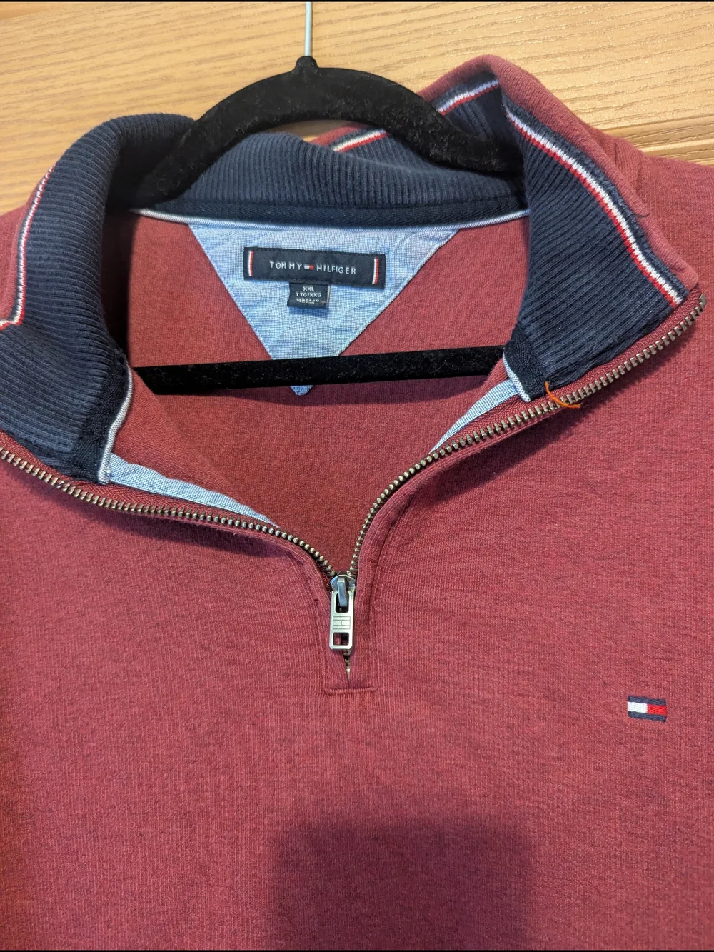 Tommy Hilfiger Men's Zip-Up Sweater in Brick Red with Navy Trim